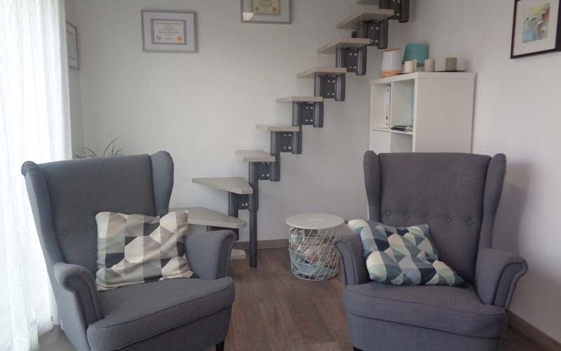 Le cabinet : deux fauteuils gris face à face, escalier et bibliothèque blanche